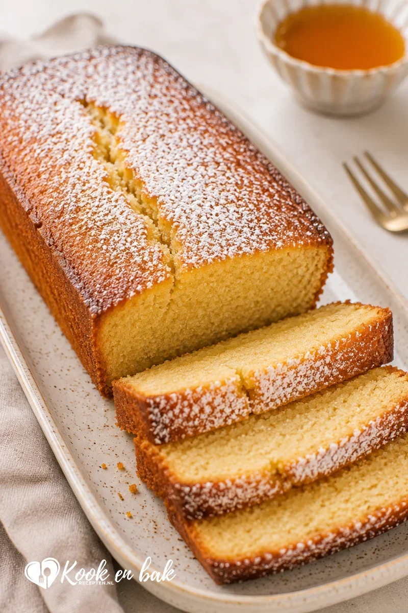 Zelfgemaakte griesmeelcake met een goudbruine korst en zachte, luchtige binnenkant, in plakken gesneden en geserveerd op een licht bord in natuurlijk daglicht.