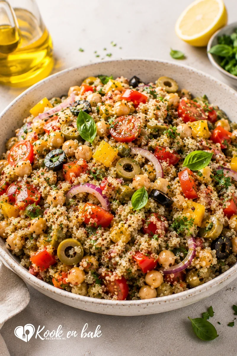 Kleurrijke romige quinoasalade met quinoa, kikkererwten, cherrytomaten, paprika, rode ui, olijven en verse kruiden, geserveerd in een keramische schaal op een lichte ondergrond.