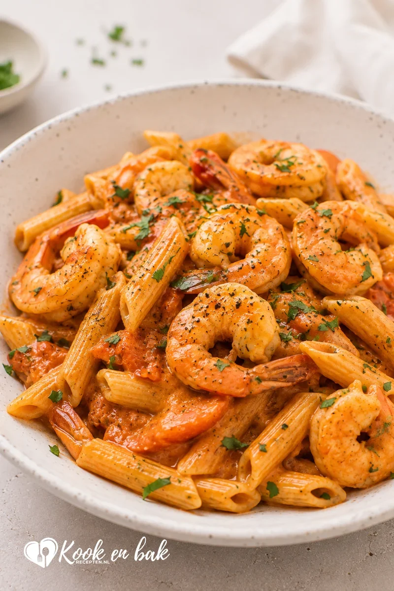 Romige gamba's in tomatensaus in een smaakvolle tomatenroomsaus met penne en verse kruiden, geserveerd in een keramische schaal op een lichte ondergrond in natuurlijk daglicht.