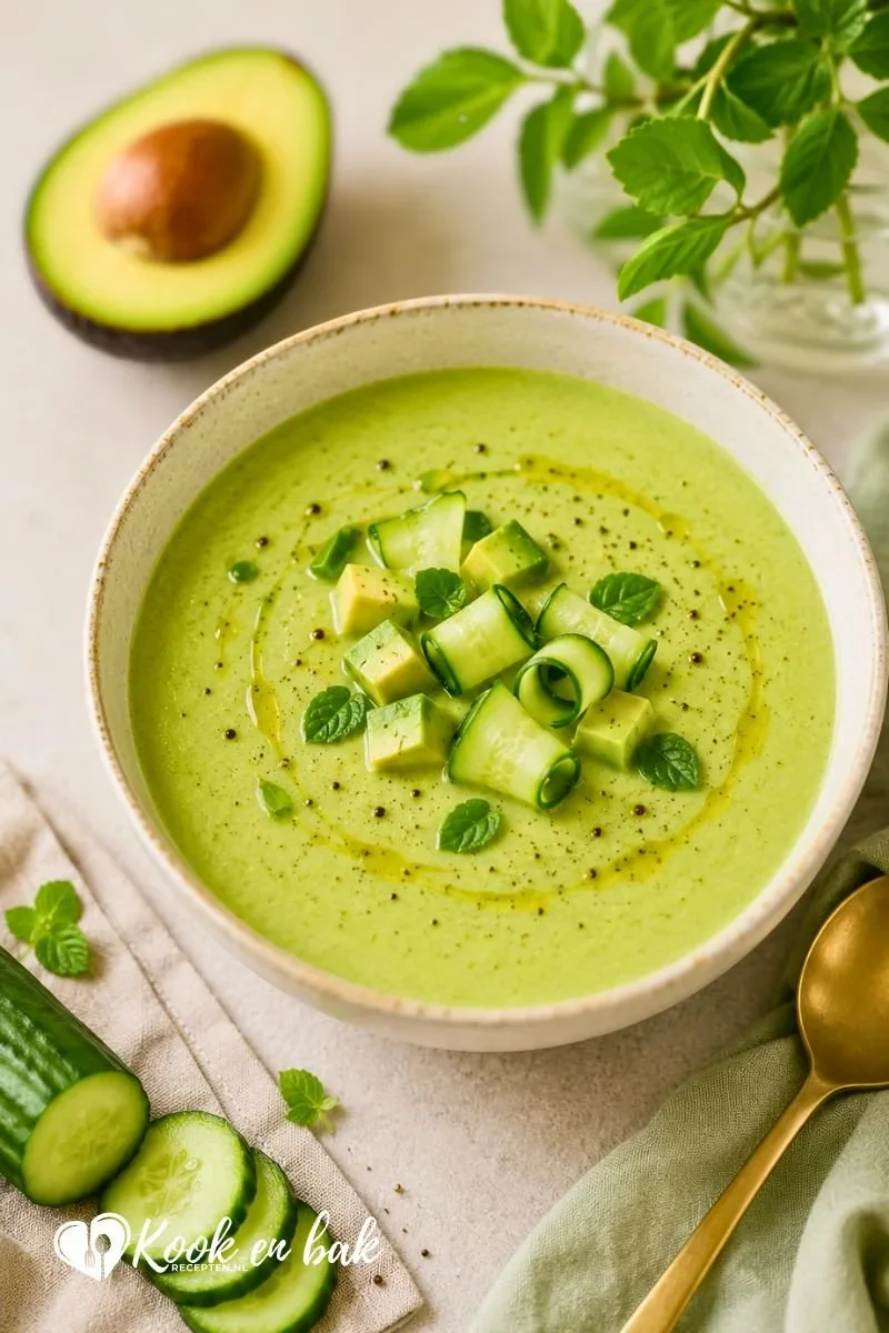 Verfrissende Komkommer-Avocado Soep www.kookenbakrecepten.nl