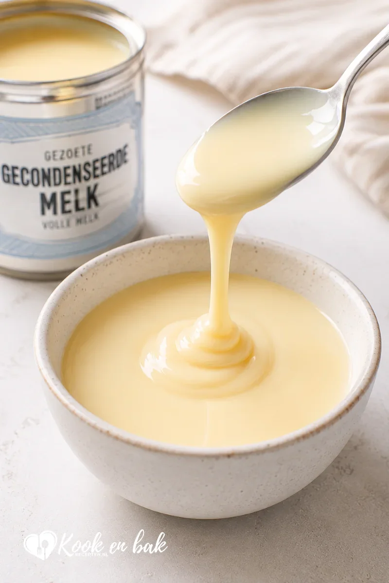 Romige gecondenseerde melk die met een lepel in een kom wordt gegoten, met een geopend blikje gezoete gecondenseerde melk op de achtergrond, gefotografeerd in natuurlijk daglicht.