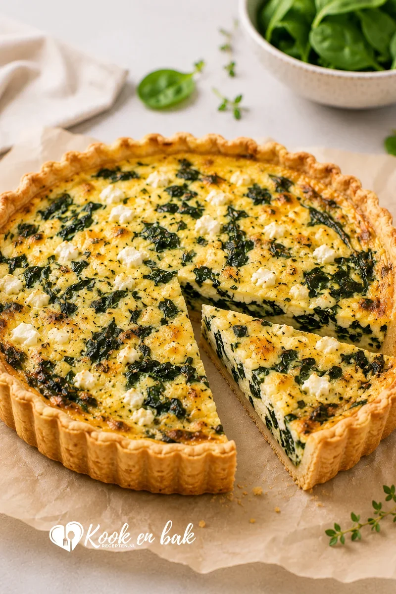 Zelfgemaakte quiche met spinazie en feta, met een goudbruine krokante korst en romige vulling, geserveerd op bakpapier en gefotografeerd in natuurlijk daglicht.