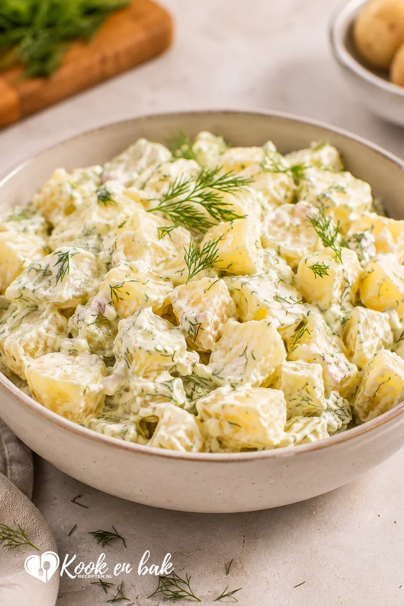 Romige aardappelsalade met gekookte aardappelen, frisse dille en een romige dressing, geserveerd in een keramische schaal op een lichte ondergrond in natuurlijk daglicht.
