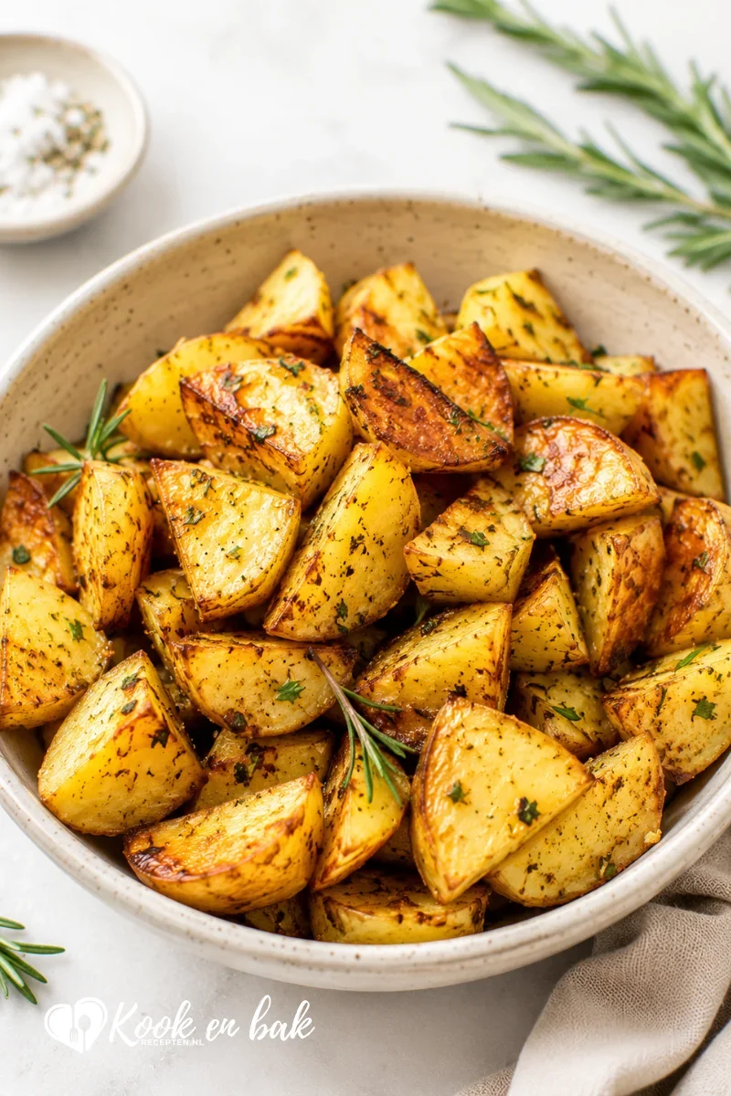 Krokant geroosterde aardappelen uit de oven, gekruid met verse rozemarijn en kruiden, geserveerd in een kom op een lichte marmeren ondergrond en gefotografeerd in natuurlijk daglicht.