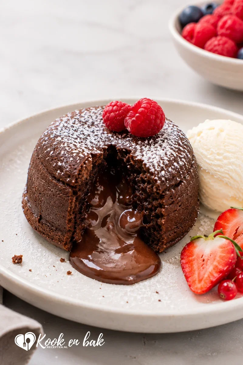 Warme chocolade lava cake met een smeuïge, vloeibare chocoladekern, geserveerd met een bolletje vanille-ijs en vers rood fruit op een lichte ondergrond, gefotografeerd in natuurlijk daglicht.