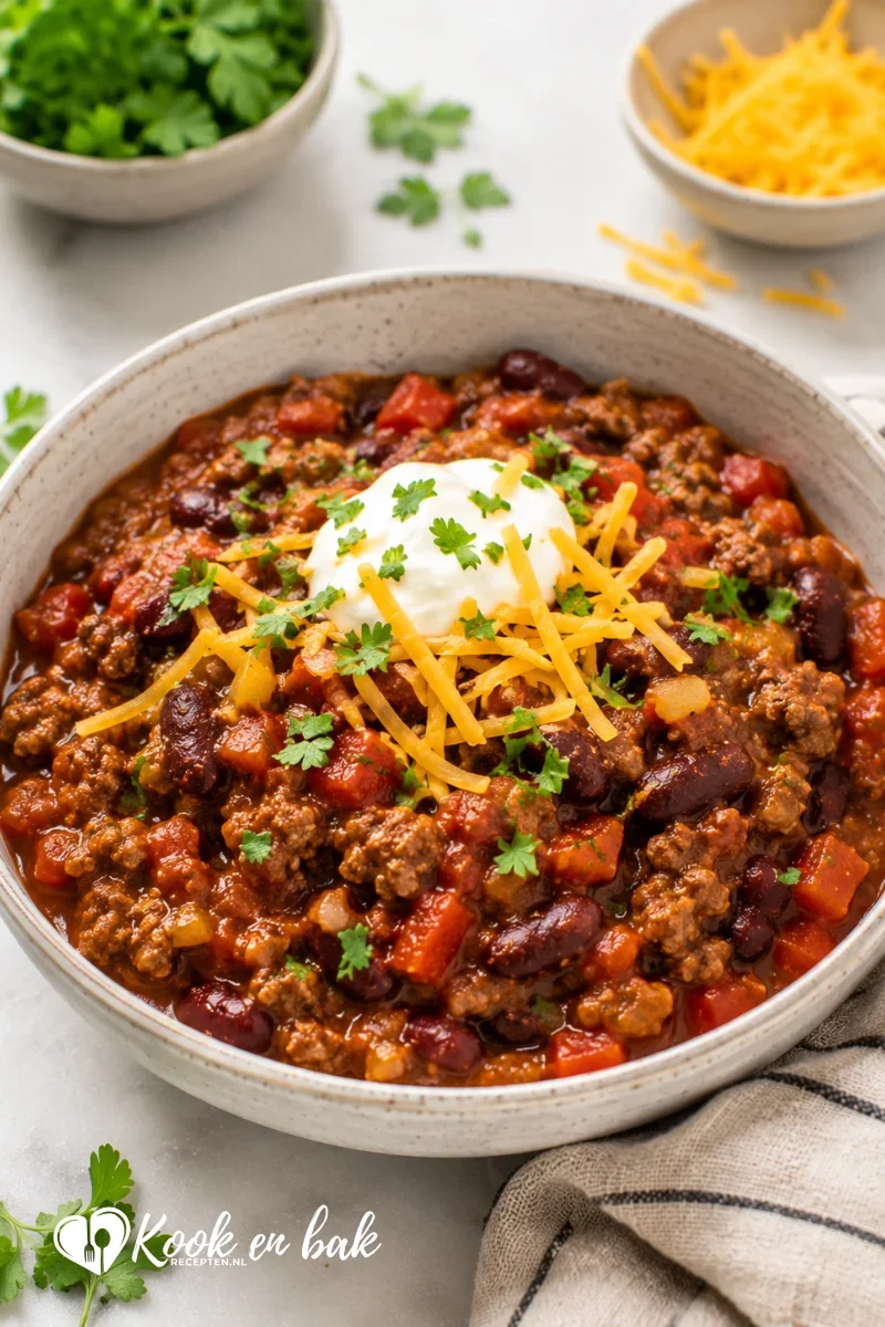 Kom met huisgemaakte chili con carne, bereid met gekruid rundergehakt, kidneybonen, tomaten en paprika, gegarneerd met geraspte cheddar, zure room en verse koriander, gefotografeerd op een lichte ondergrond in natuurlijk daglicht.