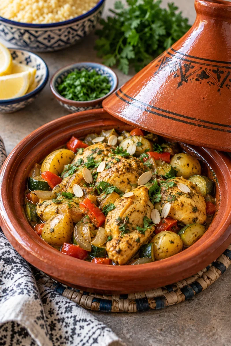 Marokkaanse tajine met kipfilet, krieltjes, olijven en groenten