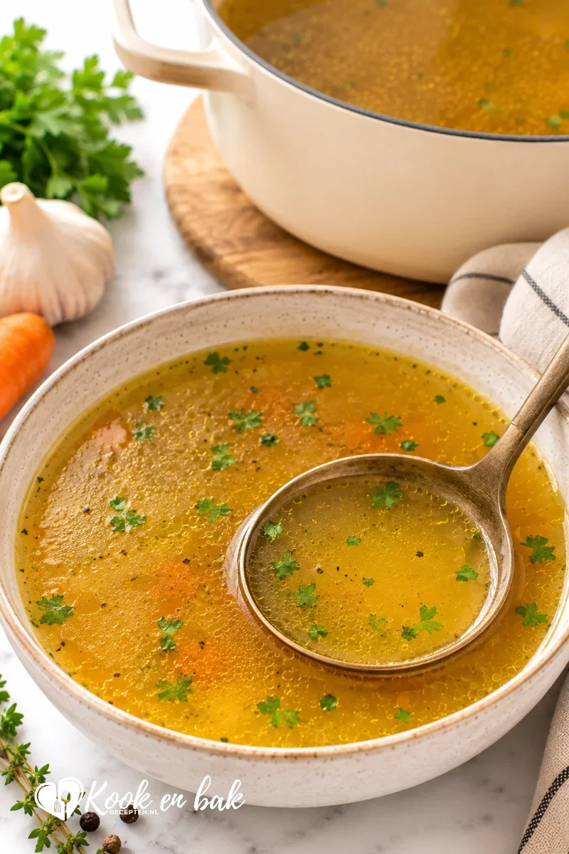 Kom met heldere zelfgemaakte bouillon, bereid met groenten en verse kruiden, geserveerd op een lichte marmeren ondergrond in natuurlijk daglicht voor een warme en smaakvolle uitstraling.