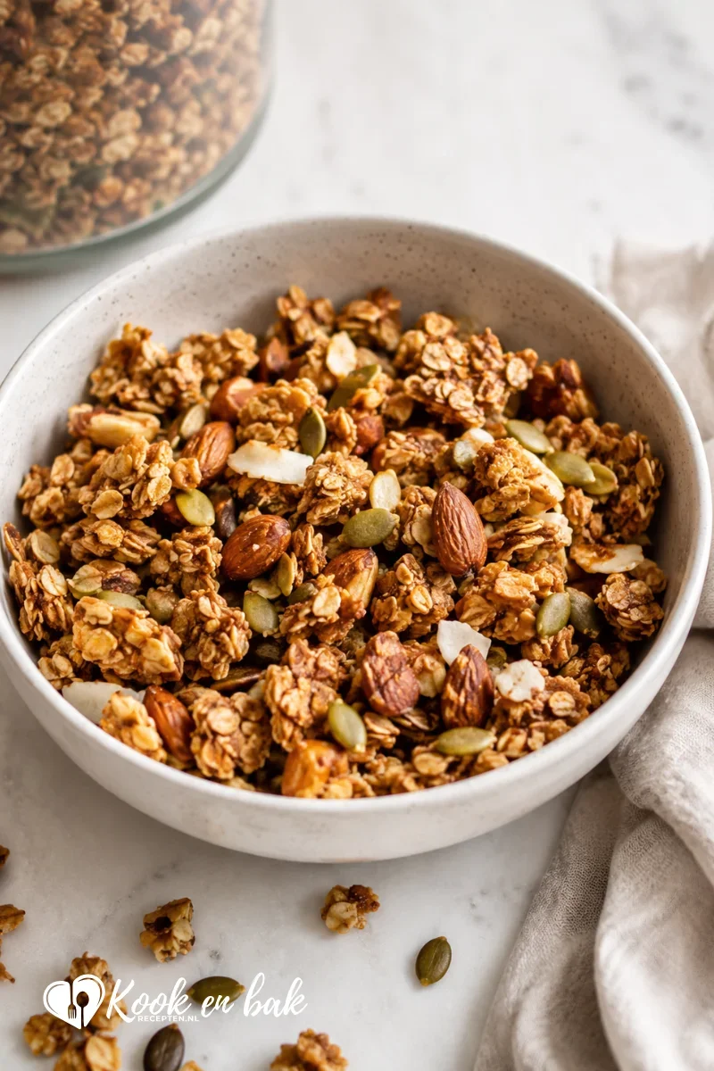Kom met zelfgemaakte knapperige granola, gevuld met geroosterde havervlokken, amandelen, pompoenpitten en kokosvlokken, gefotografeerd op een lichte marmeren ondergrond in natuurlijk daglicht.