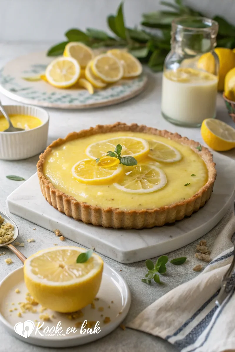 Zelfgemaakte citroentaart met romige lemon curd op een krokante bodem, afgewerkt met verse citroen en geserveerd op een lichte ondergrond in natuurlijk daglicht.