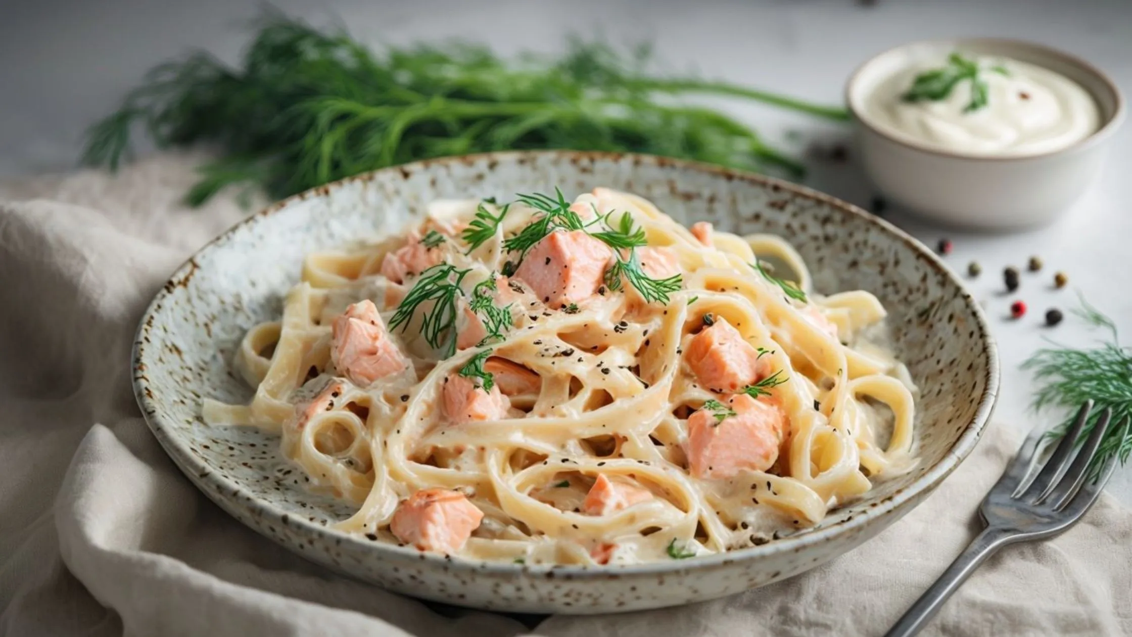 een close up van een bord tagliatelle met zalm