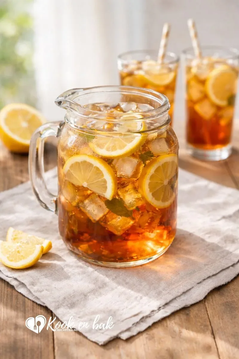 Zelfgemaakte verfrissende ijsthee met citroen en munt, geserveerd in een groot glas met ijsblokjes.