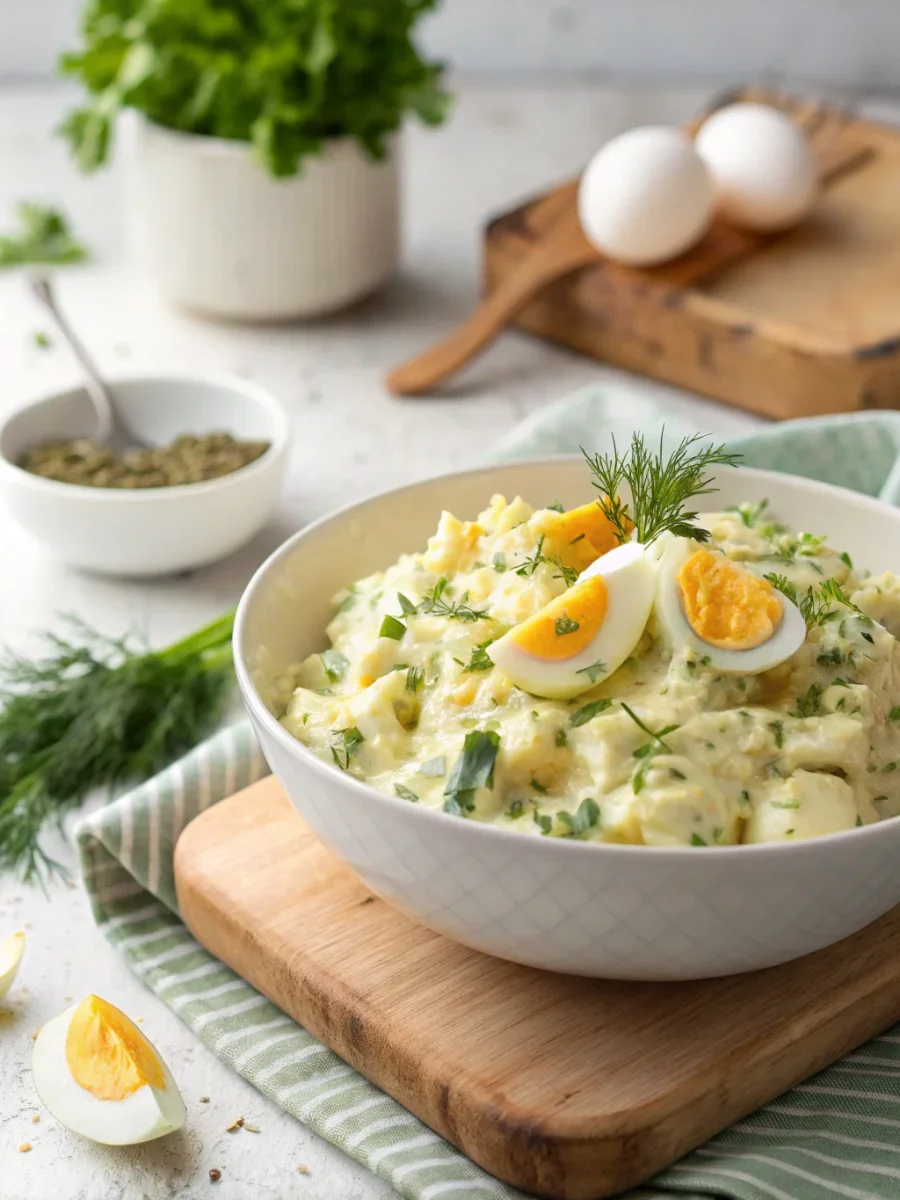 Kom met romige zelfgemaakte eiersalade, bereid met hardgekookte eieren en verse bieslook, geserveerd op een lichte marmeren ondergrond en gefotografeerd in natuurlijk daglicht.