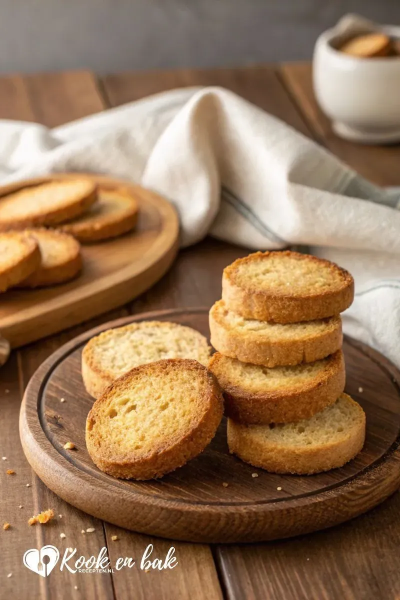 Zelf beschuiten maken op een houten plank, goudbruin en krokant gebakken, perfect voor ontbijt of bij muisjes.
