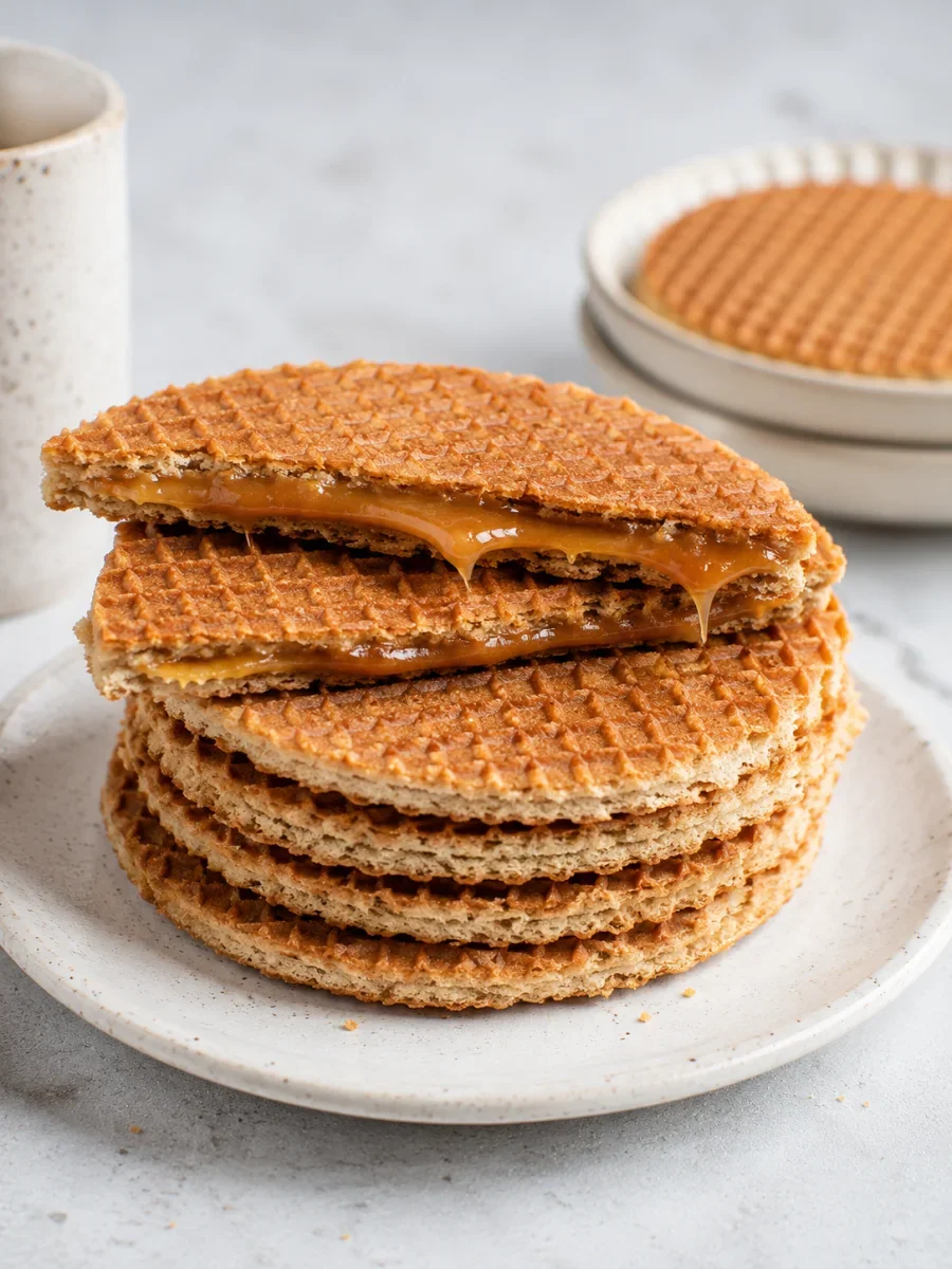 Close-up van authentieke Nederlandse stroopwafels, opgestapeld op een keramieken bord. Eén stroopwafel is doormidden gebroken waardoor de smeuïge karamelstroop goed zichtbaar is. Gefotografeerd in natuurlijk daglicht op een rustige, lichte achtergrond, waarbij de knapperige structuur en de rijke, ambachtelijke uitstraling van deze traditionele Hollandse lekkernij worden benadrukt.