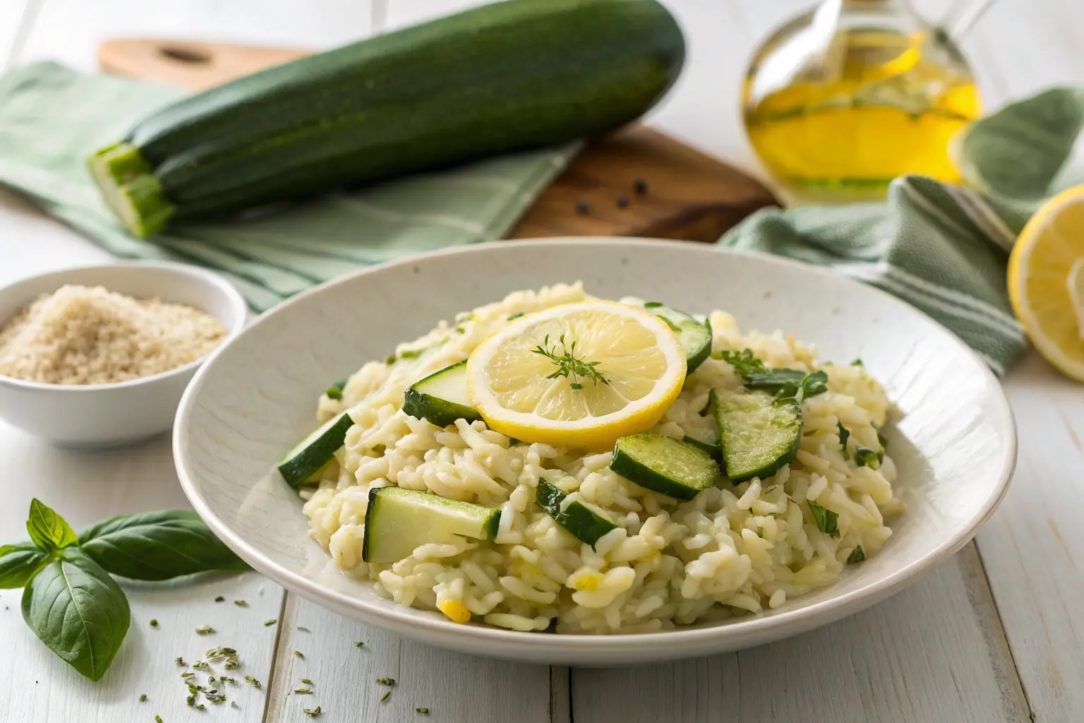 Zomerse risotto met courgette, citroen en doperwten
