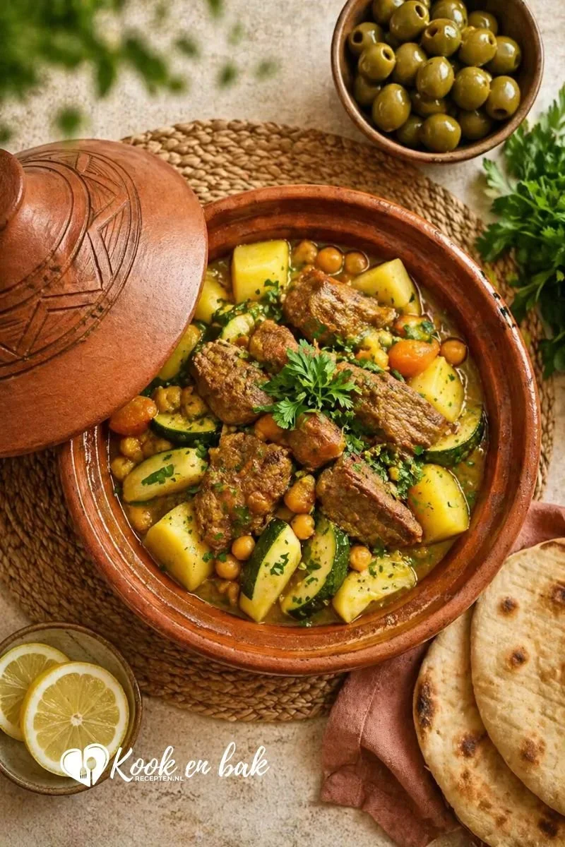 Zomerse tajine met vlees, courgette, aardappels en ingelegde citroen www.kookenbakrecepten.nl