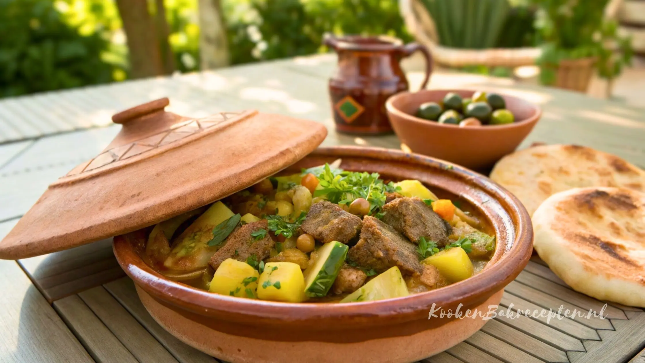 Zomerse tajine met vlees, courgette, aardappels en ingelegde citroen