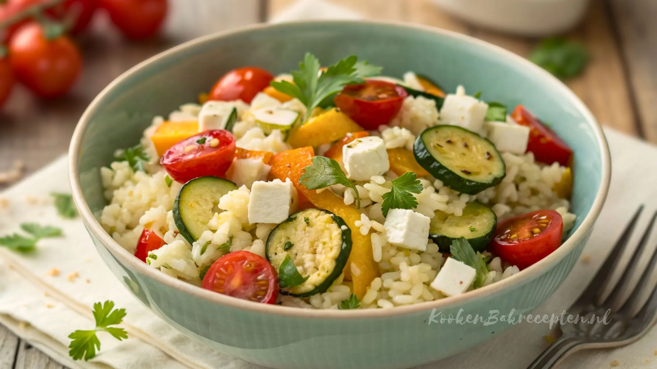 Vegetarische rijstsalade met feta en geroosterde groenten