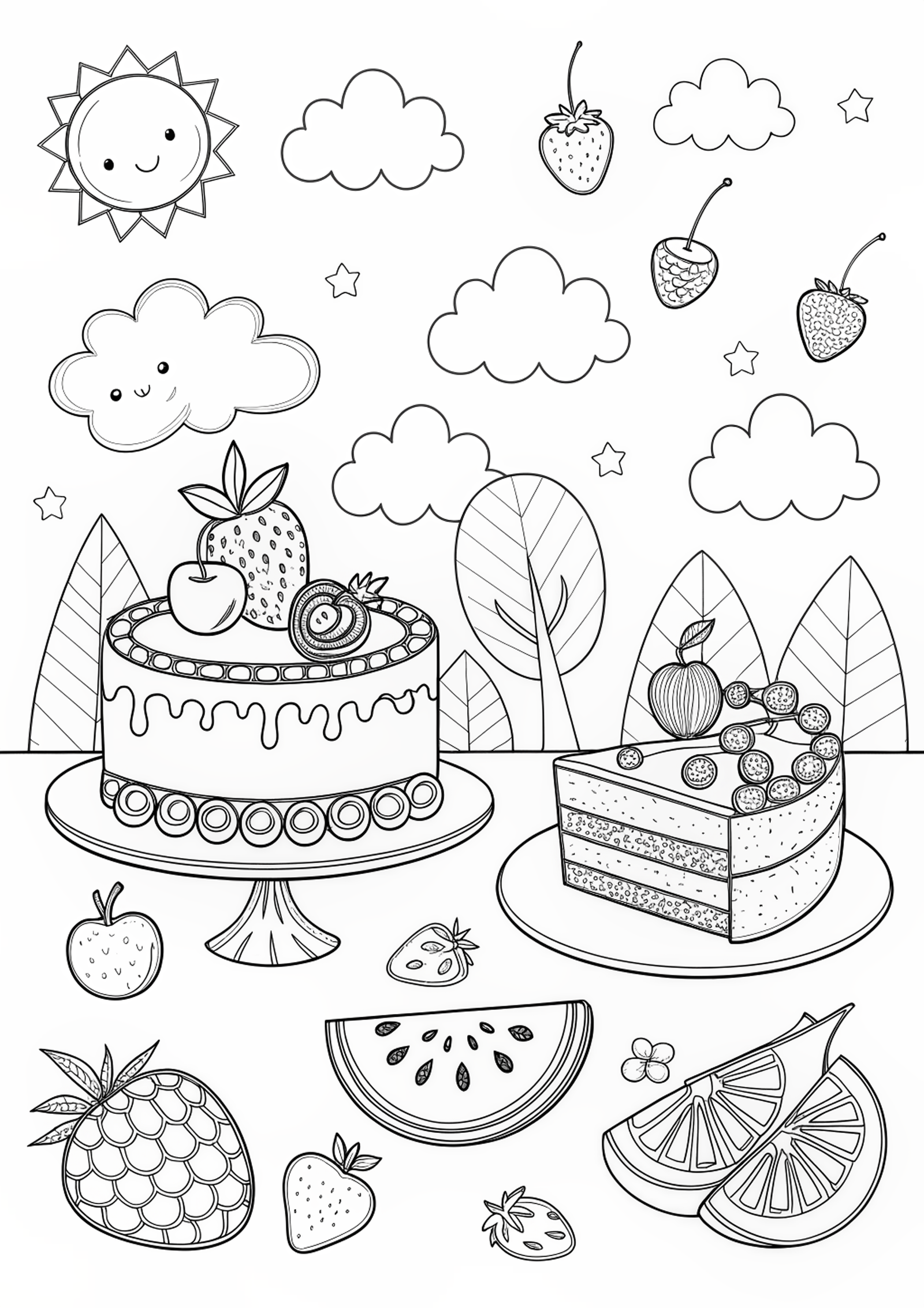 gratis kleurplaat taart en fruit