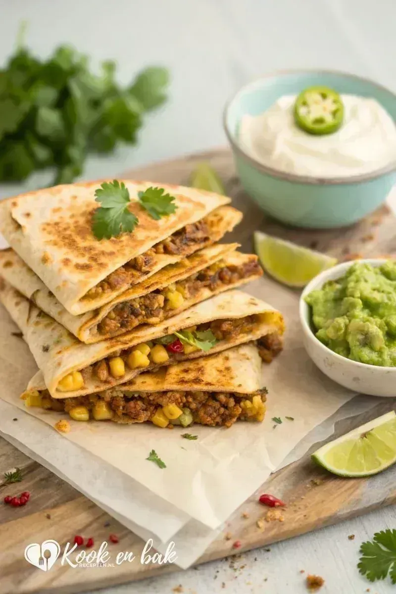 Quesadilla’s met gehakt, maïs, zure room en guacamole