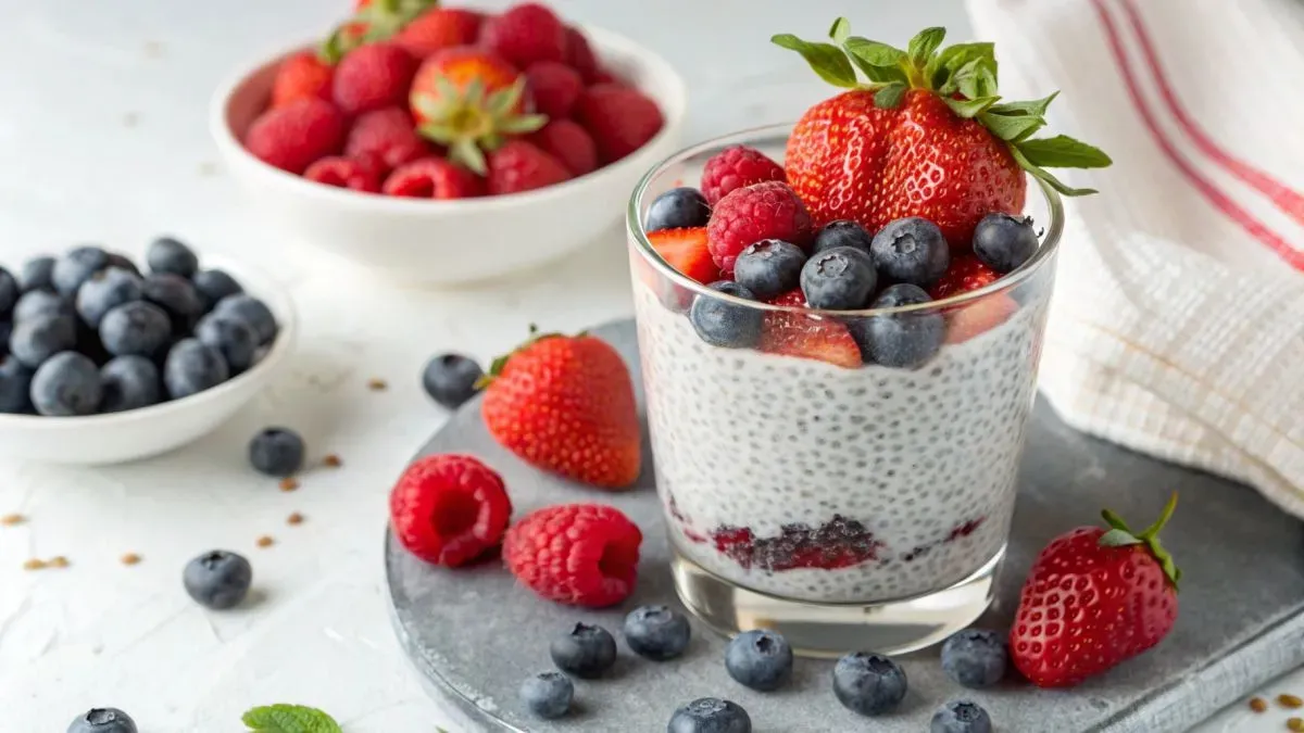Glas chiazaad pudding met aardbeien, blauwe bessen en frambozen