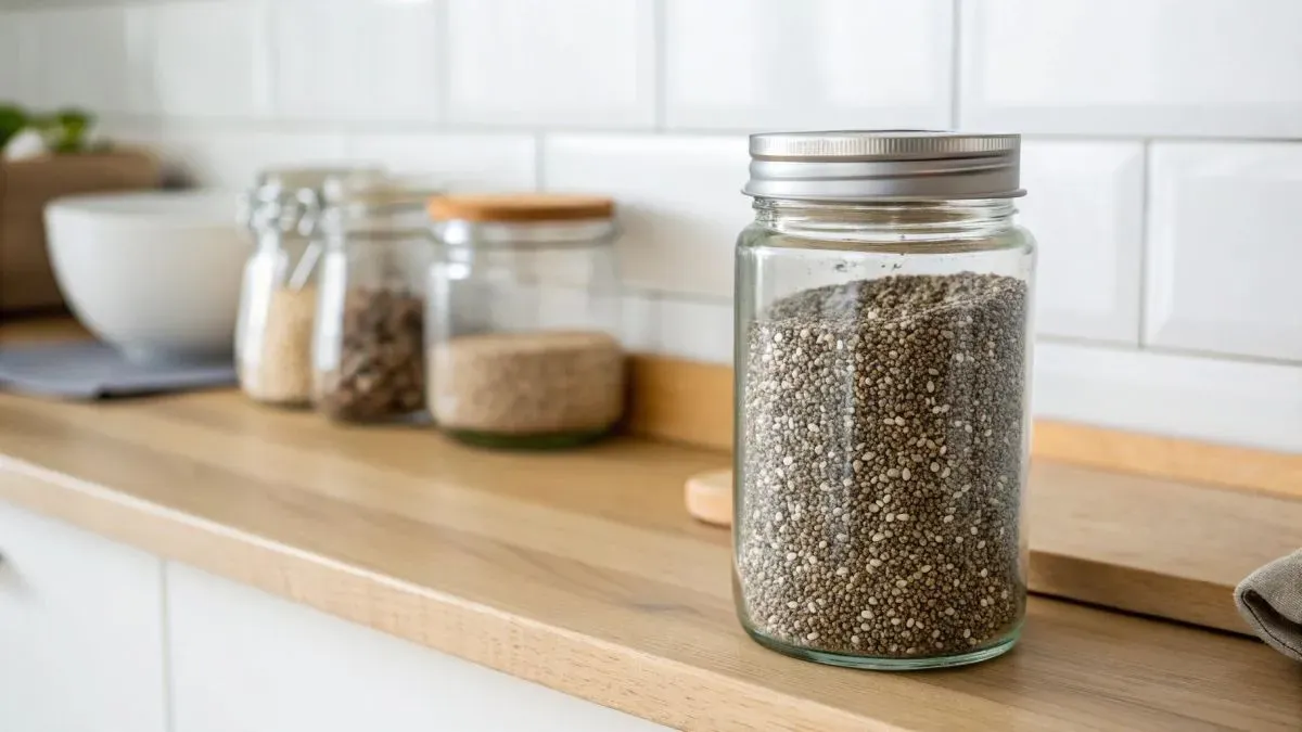 Glazen pot met chiazaad luchtdicht afgesloten voor lange houdbaarheid