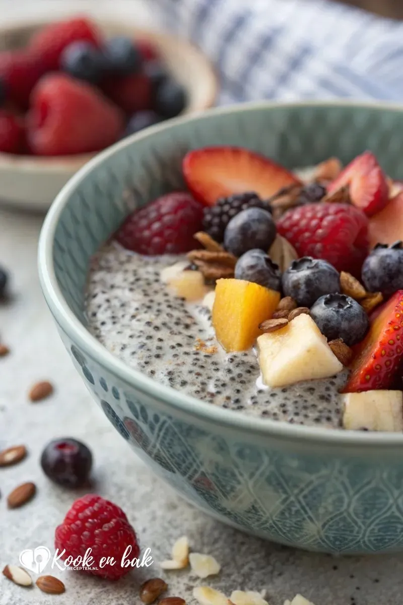 Chiazaad pudding met verse bessen en muntblaadjes, gezond superfood ontbijt