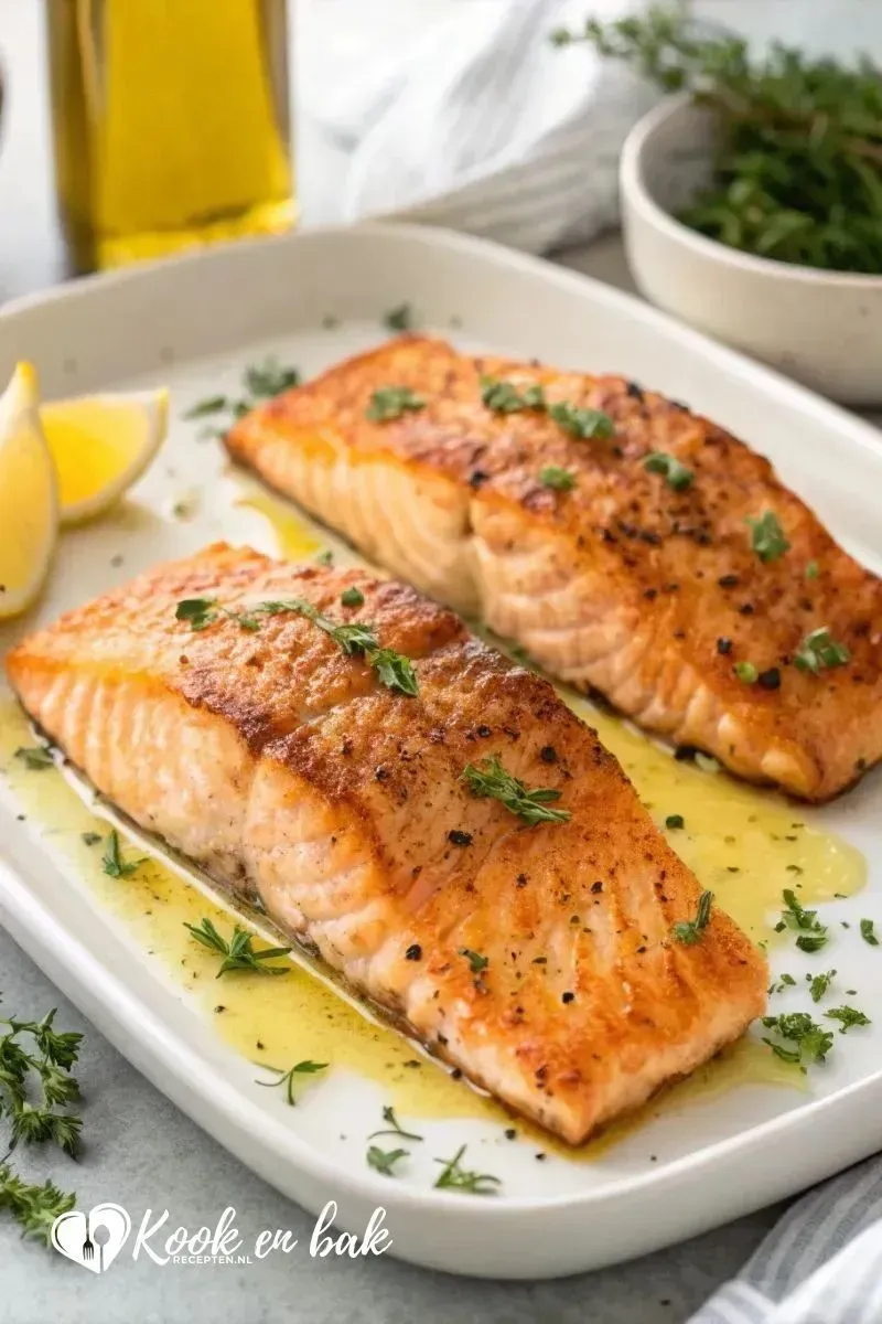 zalm uit de oven op een witte bord met citroen
