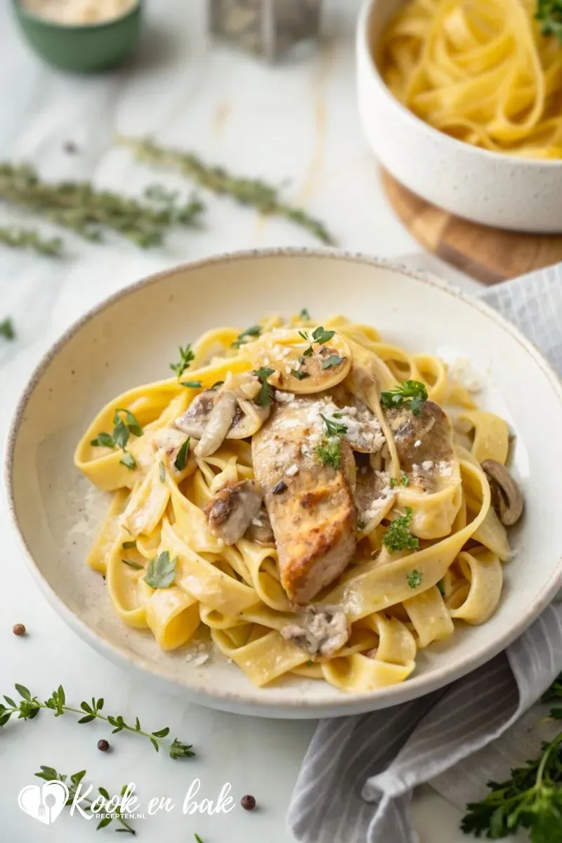 Romige Pasta met Champignon en Kippendij www.kookenbakrecepten.nl