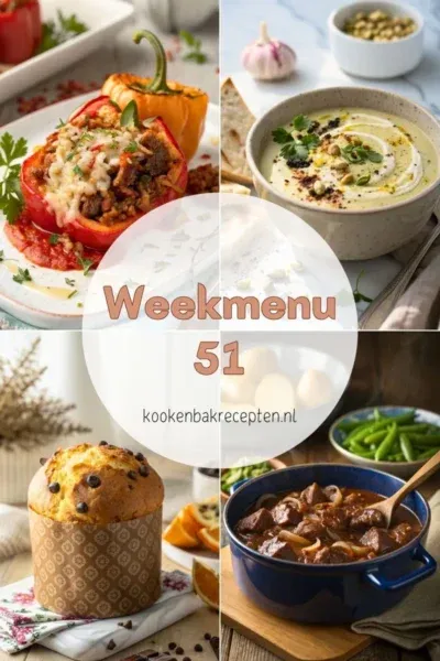 Weekmenu 51 alweer — de laatste volle week voor kerst. kookenbakrecepten.nl