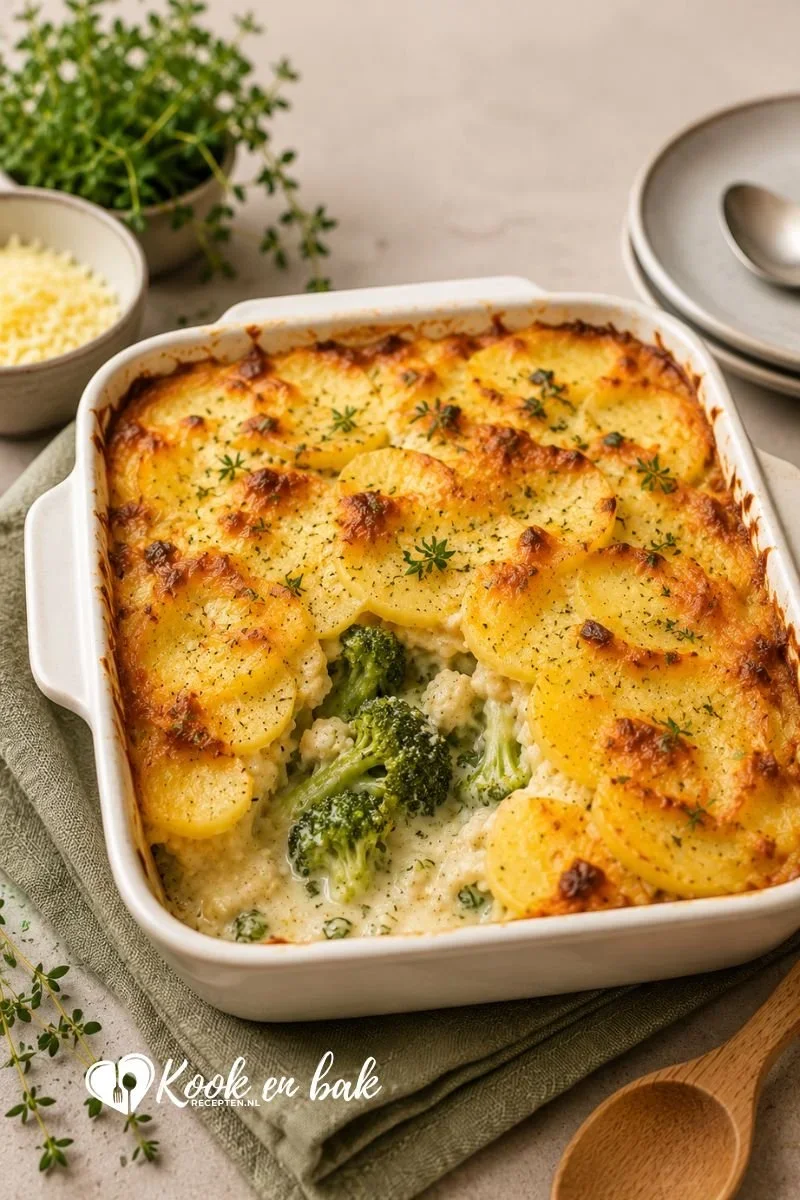 Broccoli ovenschotel met aardappel en een romige kaaskorst www.kookenbakrecepten.nl