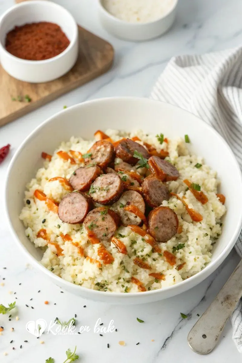 Keto bloemkoolrijst met merguez en harissa (kruidig & vullend) www.kookenbakrecepten.nl