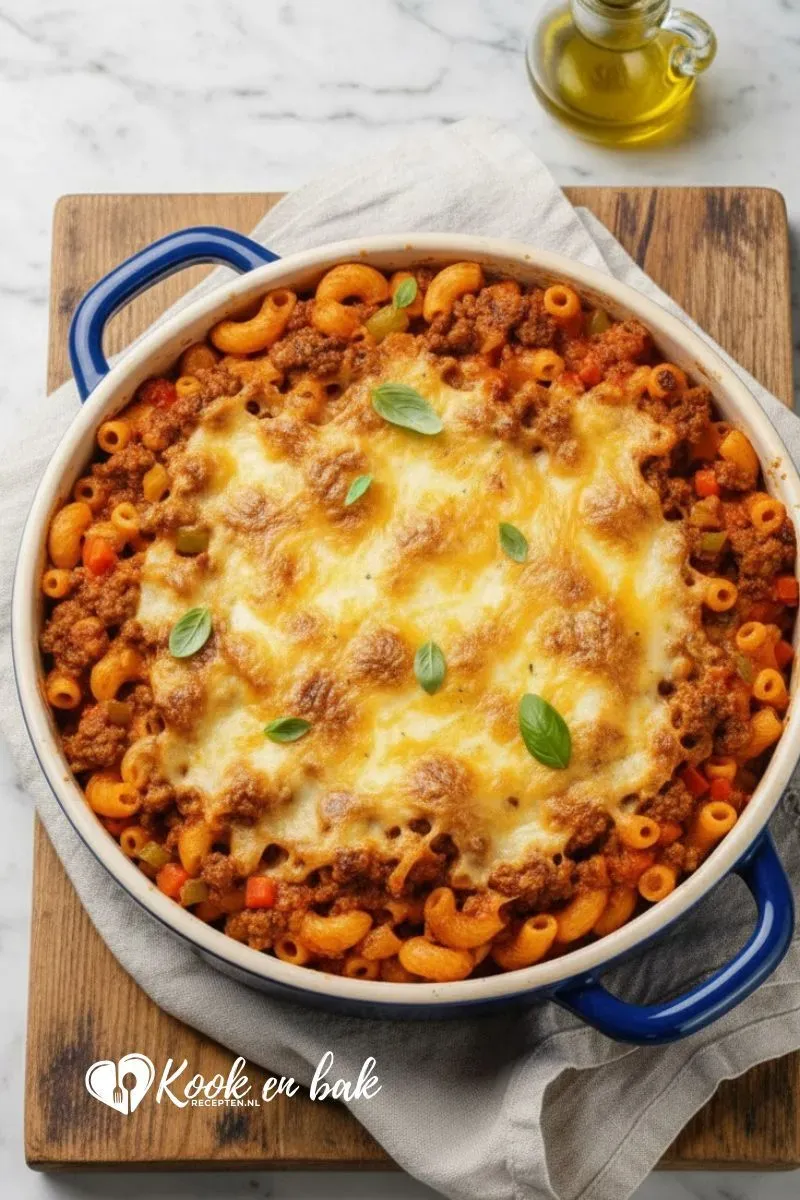 Klassieke macaroni ovenschotel met geruld gehakt en een romige tomatensaus, bedekt met een goudbruine korst van gesmolten mozzarella en cheddar kaas