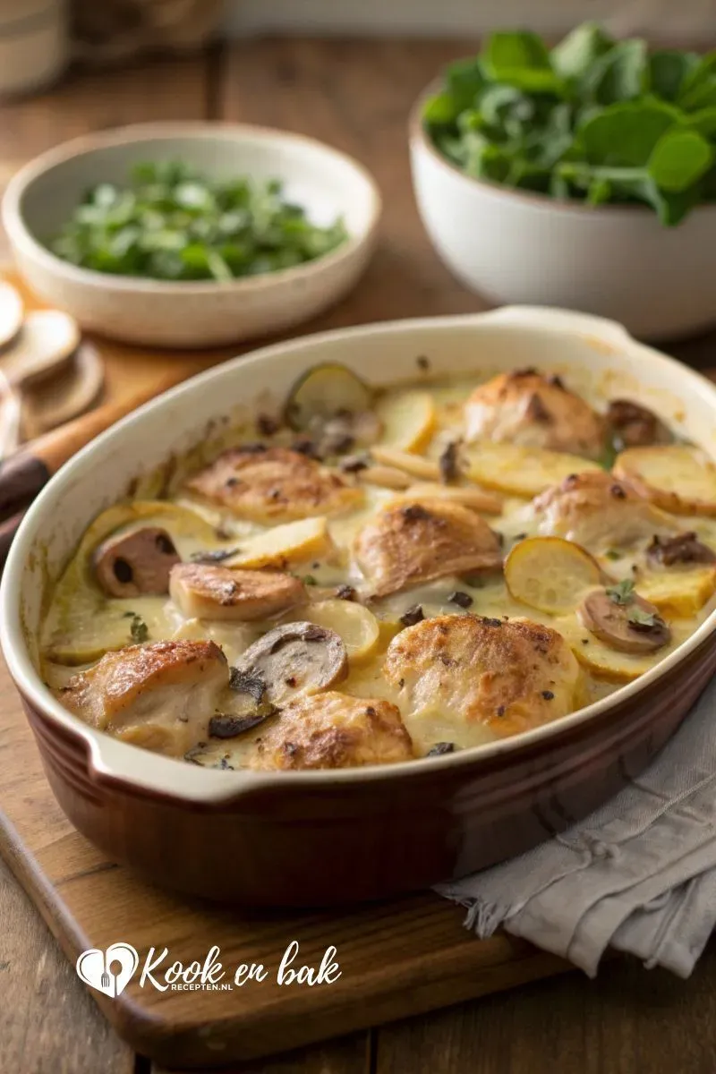 Een goudbruin gebakken ovenschotel kip met malse stukjes kip, plakjes aardappel en champignons in een romige kaassaus, gegarneerd met verse peterselie in een rustieke ovenschaal. www.kookenbakrecepten.nl