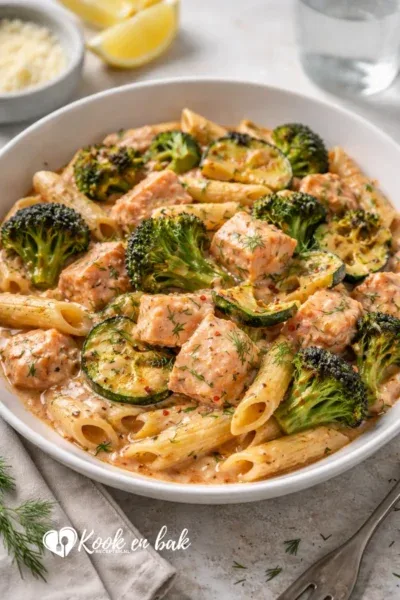 Pasta met wilde zalm (romige saus met gegrilde groenten) www.kookenbakrecepten.nl