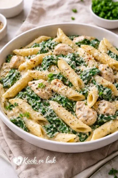 boursin pasta met kip en spinazie www.kookenbakrecepten.nl