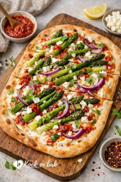 Flammkuchen met asperges en harissa www.kookenbakrecepten.nl