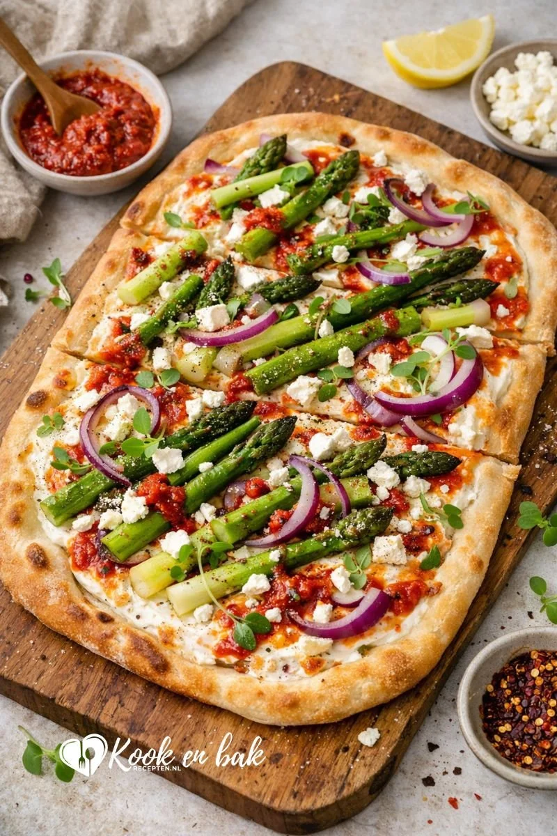 Flammkuchen met asperges en harissa www.kookenbakrecepten.nl