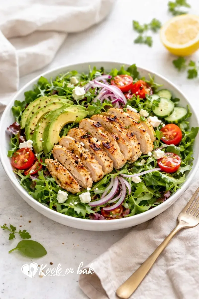 Makkelijke maaltijdsalade met kip (fris, gezond en snel klaar) www.kookenbakrecepten.nl