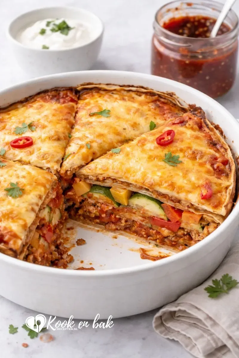 Wraptaart met harissa (pittige ovenschotel met wraps) www.kookenbakrecepten.nl