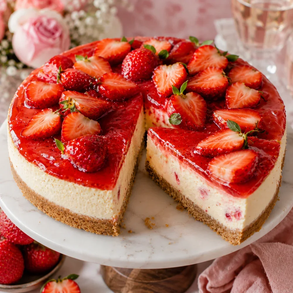 Een romige aardbeien cheesecake op een taartplateau, klaar om aan te snijden.