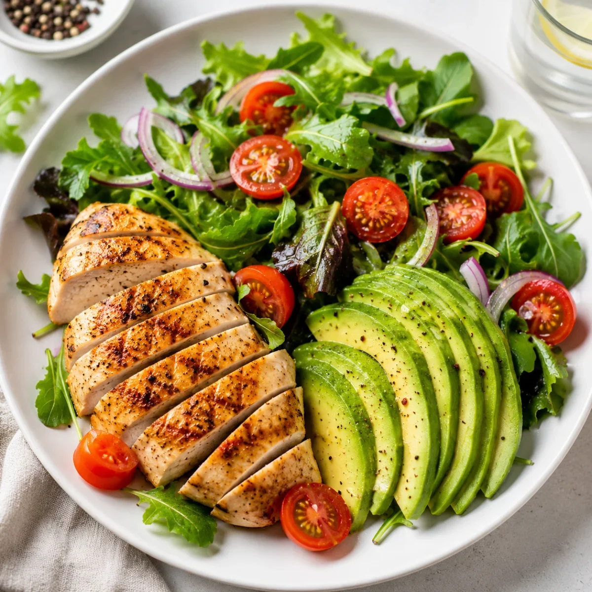 Een koolhydraatarme maaltijd met gegrilde kip, avocado en een frisse salade.