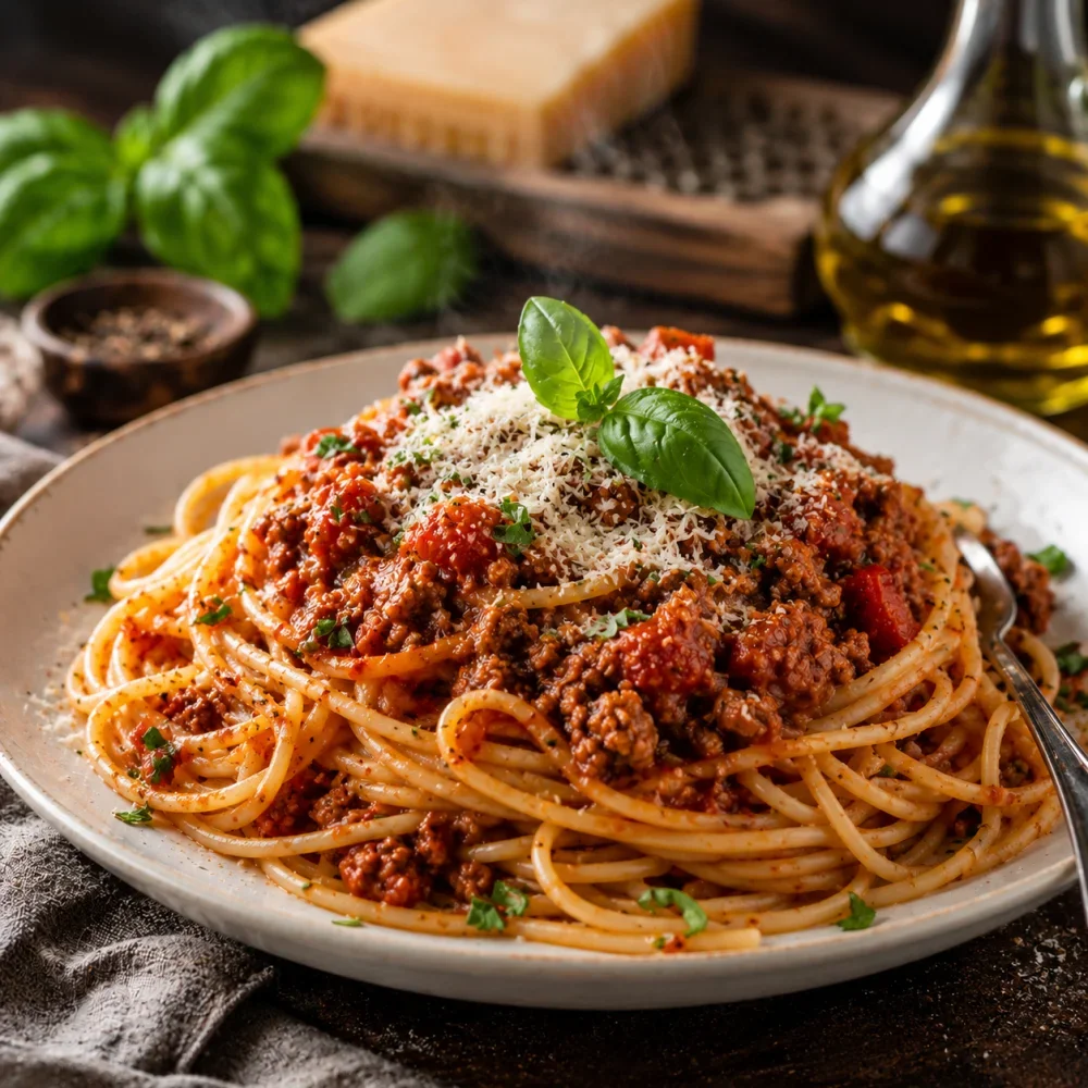 Een bord Italiaanse spaghetti bolognese gegarneerd met verse basilicum en Parmezaanse kaas.