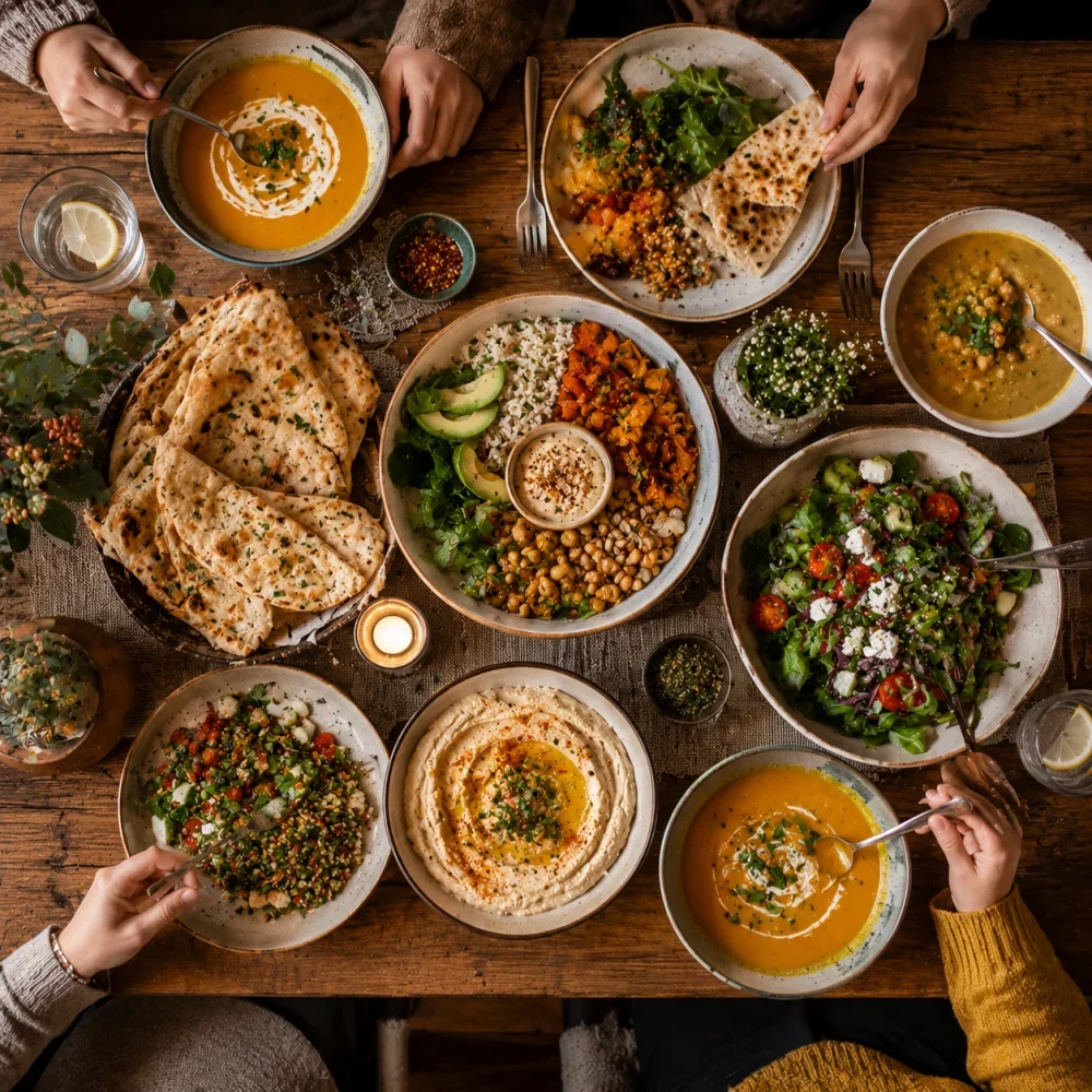 Een gezellig gedekte eettafel vol verschillende gerechten ter inspiratie voor het weekmenu.