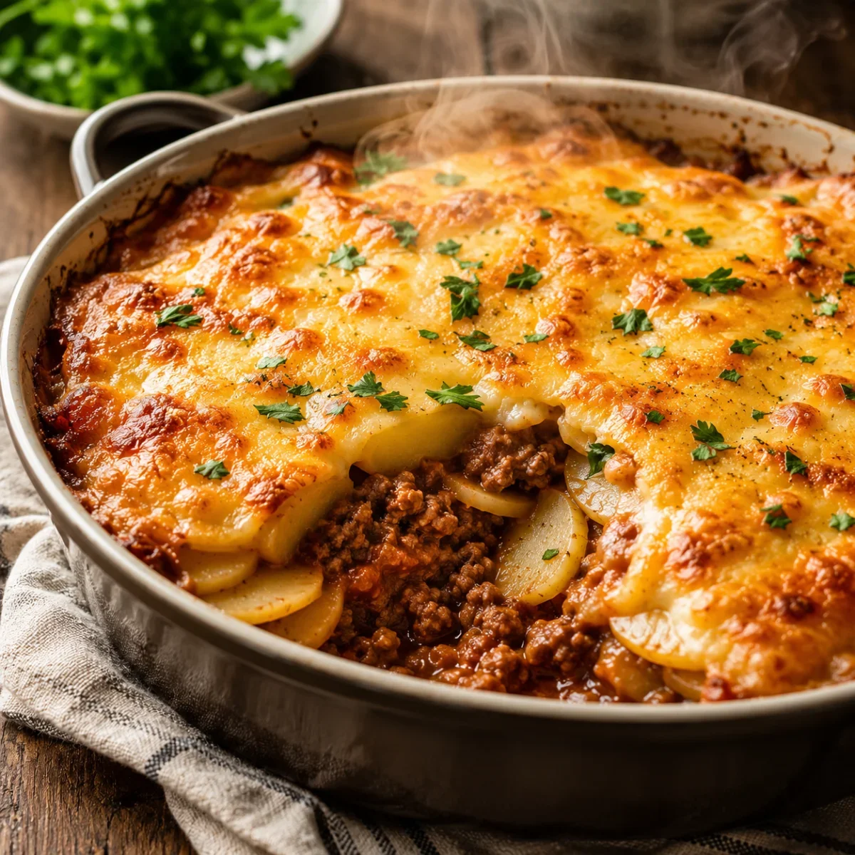 Een versgebakken, dampende ovenschotel met een goudbruin gesmolten kaaslaagje.