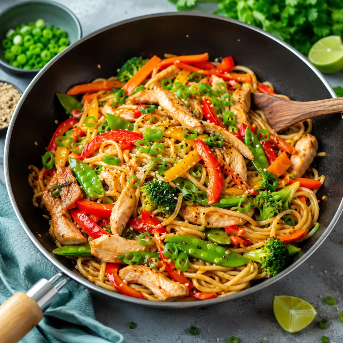 Een snelle en gezonde roerbak met kip en groenten in een wok, perfect voor een snelle maaltijd.
