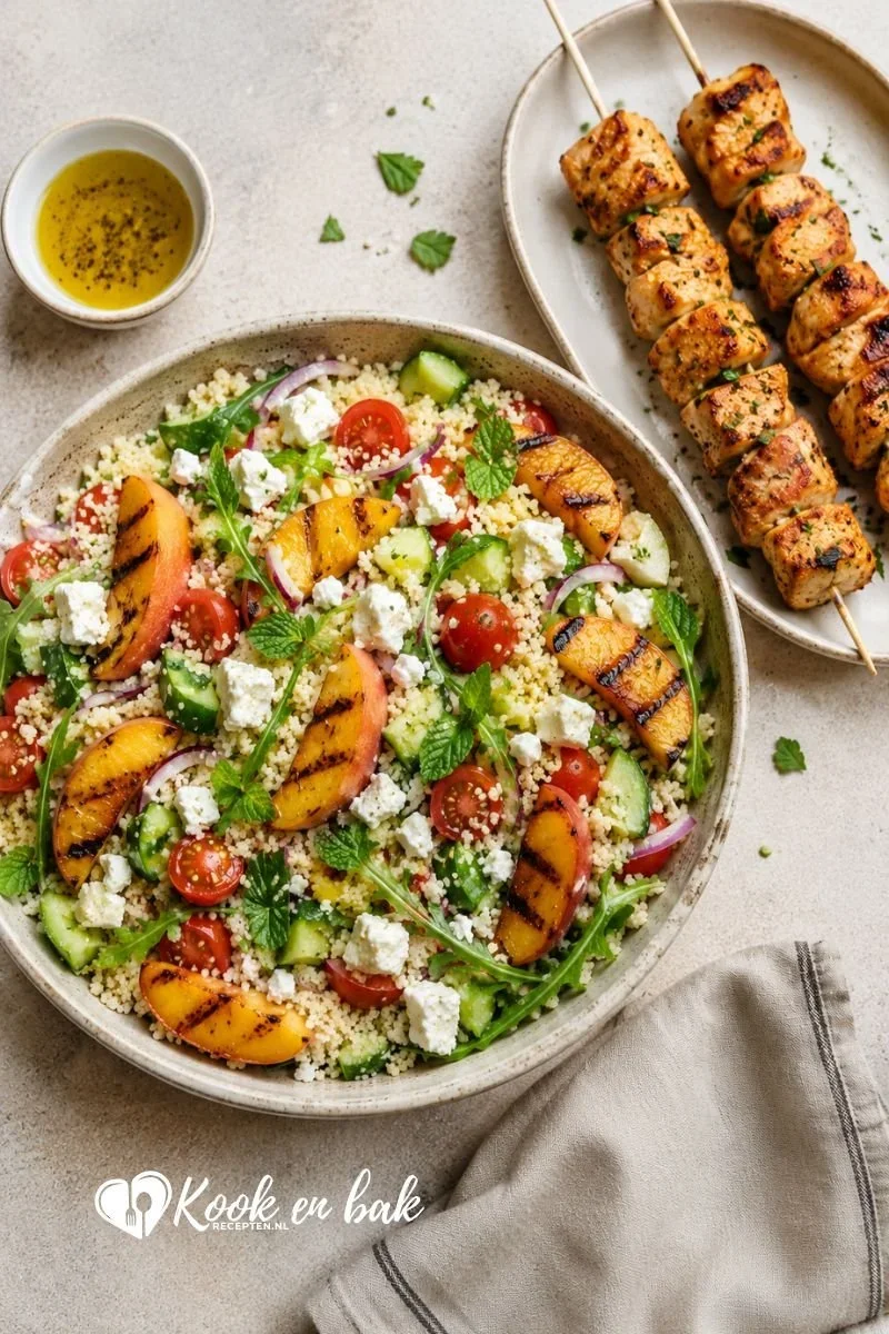 Couscoussalade met Kip, Gegrilde Perzik en Feta www.kookenbakrecepten.nl