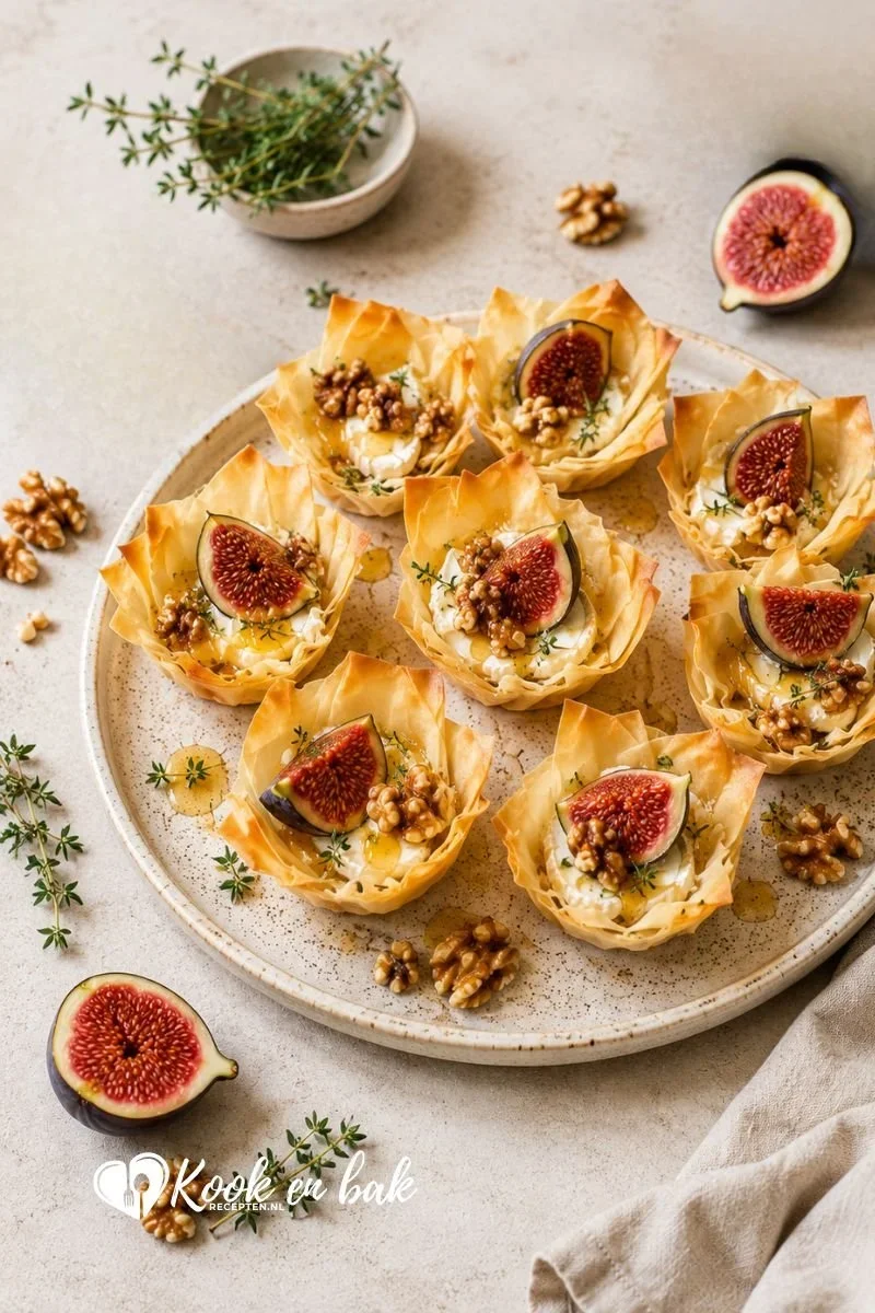 Filodeeg Hapjes met Geitenkaas, Honing en Vijgen www.kookenbakrecepten.nl