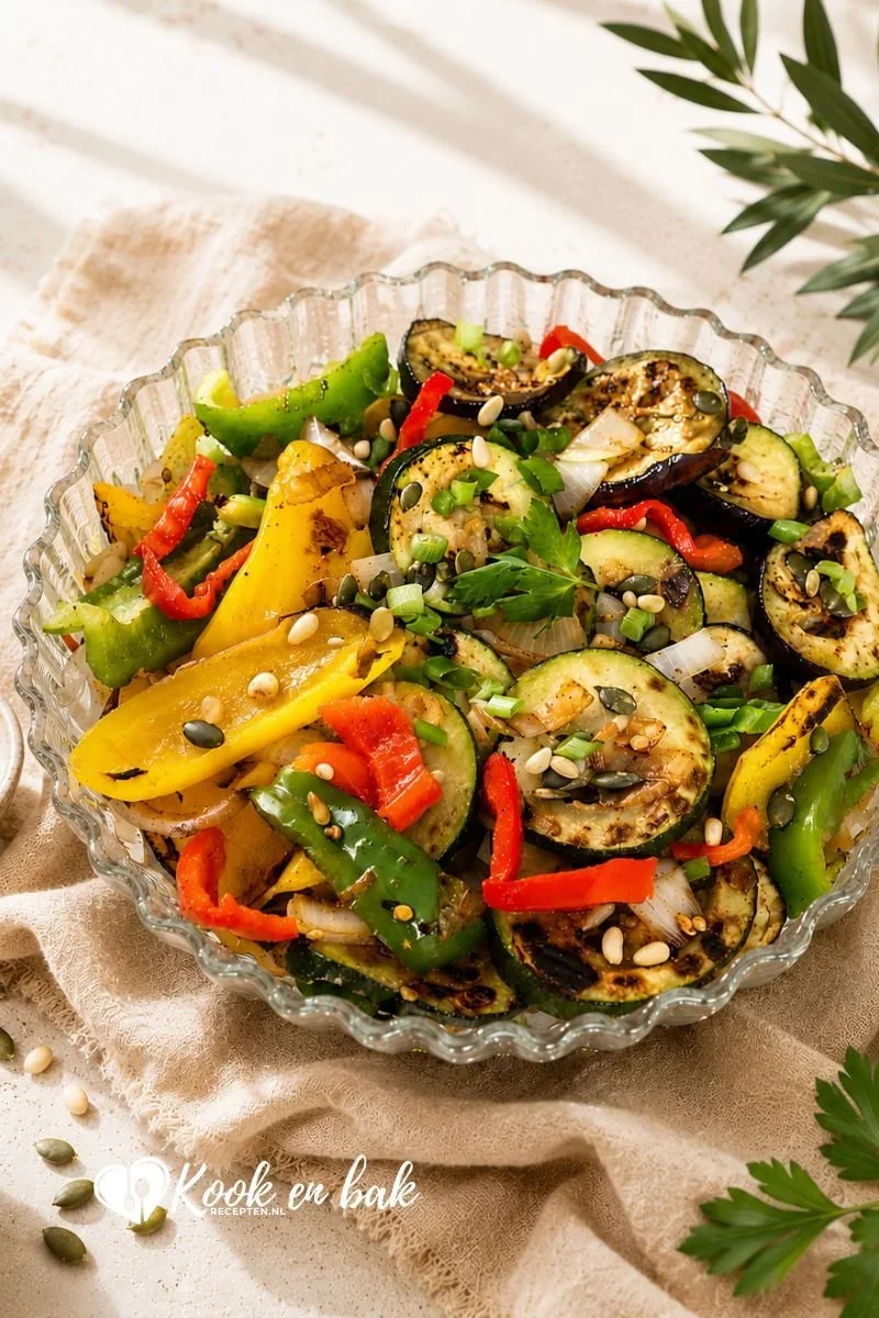 Gegrilde Groentesalade met Geroosterde Paprika, Courgette en Aubergine www.kookenbakrecepten.nl